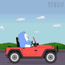 a penguin is driving a red jeep with the word pengu on the bottom right