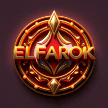 a red and gold emblem with the word elfarok