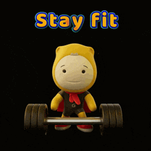 a cartoon character is holding a barbell with the words stay fit behind him