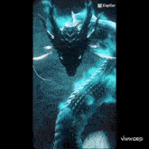 a dragon with green eyes is surrounded by blue flames and smoke .