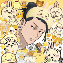 a picture of a man with a ponytail is surrounded by cartoon characters including a rabbit and a teddy bear