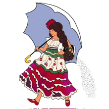 a woman in a floral dress is holding a blue umbrella