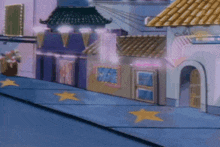 a cartoon drawing of a street with stars on the floor