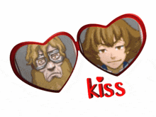 two hearts with a picture of a man and a dog and the word kiss