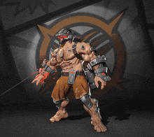 a man with a helmet on his head is standing in front of a logo