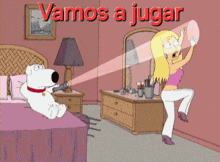 a cartoon says vamos a jugar and shows a dog and a woman
