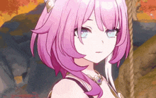 a close up of a girl with pink hair and blue eyes
