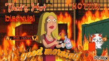 a cartoon of a woman holding a bottle with the words that 's hot bisexual on it