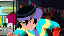 a cartoon character with a purple hat and a blue shirt