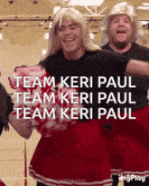 a man in a cheerleader outfit is dancing with the words team keri paul team keri paul team keri paul