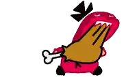 a cartoon character is holding a chicken leg in its mouth