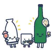 a group of cartoon characters are standing next to each other including a green bottle of wine