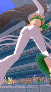 a woman in a green and white outfit is jumping in a stadium
