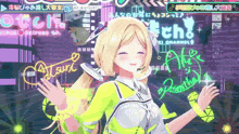 a girl in a yellow and white outfit is smiling in front of a sign that says " tech "