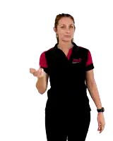 a woman wearing a black shirt with a red stripe on the sleeve that says ' sydney ' on it