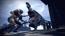 a knight with a shield and a sword is fighting another knight