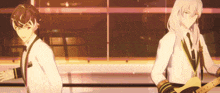 a couple of anime characters are standing next to each other and one is playing a guitar .