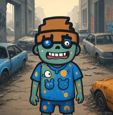 a cartoon drawing of a zombie wearing a blue shirt with two bears on it