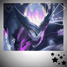 a picture of a purple and black monster with hearts and stars surrounding it