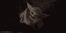 a close up of a baby yoda with a tanner frizzell watermark