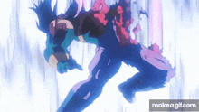 a person is flying through the air with a purple and blue glow behind them .