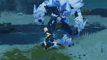 a video game character is fighting a monster
