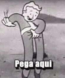 a black and white cartoon of a man holding his butt with the words `` pega aqui '' written below him .