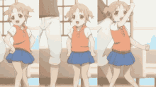 a girl in an orange vest and blue skirt is standing next to a man