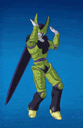a cartoon character with a blue background and a green and purple outfit