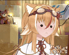 a cartoon of a girl wearing goggles with the word xenios on the bottom