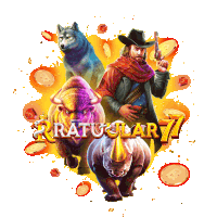 a man holding a gun stands next to a rhino and a wolf in a game called ratu ular 77