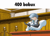 a cartoon of a man sitting at a podium with the words 400 bobux below him