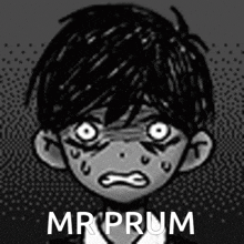 a black and white drawing of a boy with a sad face and the words `` mr prum '' written on the bottom .