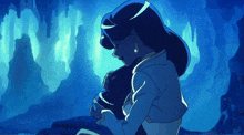 a cartoon of a woman holding a baby in a cave