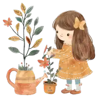 a little girl is watering a flower pot with a watering can