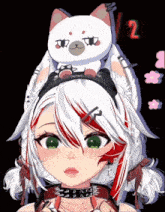 a girl with white hair and red highlights is holding a stuffed animal on her head