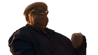 a man wearing glasses and a hat says " keep your head up " in front of a white background