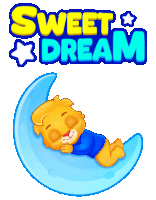 a cartoon bear is sleeping on a crescent moon with the words sweet dream above it