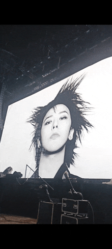 a large screen with a picture of a man with spiky hair