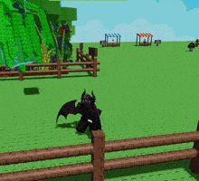 a cartoon character is standing in a field with a wooden fence and a sign that says ' a ' on it