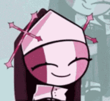 a pink and white cartoon character with a cross on her head is smiling and looking at the camera .