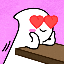 a cartoon drawing of a ghost with hearts in his eyes