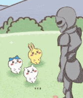 a cartoon drawing of a man in armor standing next to a bunch of animals