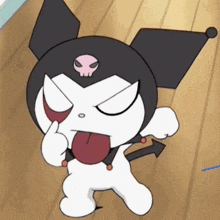 a cartoon character with devil horns and a skull on his head is sticking his tongue out