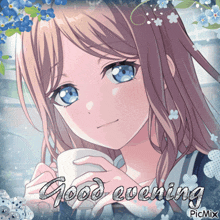 a picture of a girl holding a cup with the words good evening written on it