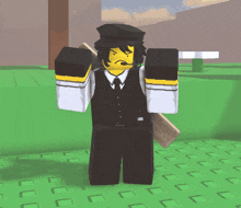 a lego character in a suit and tie is holding a wooden stick