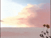 a painting of a sunset over a body of water with flowers in the foreground