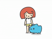 a cartoon drawing of a girl holding a blue cat