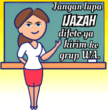 a cartoon of a woman standing in front of a blackboard that says jangan lupa jazah difoto ya kirim ke grup wa.