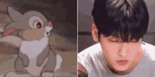 a picture of a cartoon rabbit and a picture of a man .